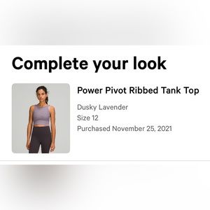 lululemon Power Pivot Tank Ribbed Dusky Lavender size 12